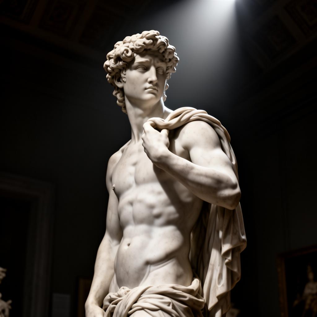 Estátua clássica em mármore inspirada no Davi de Michelangelo