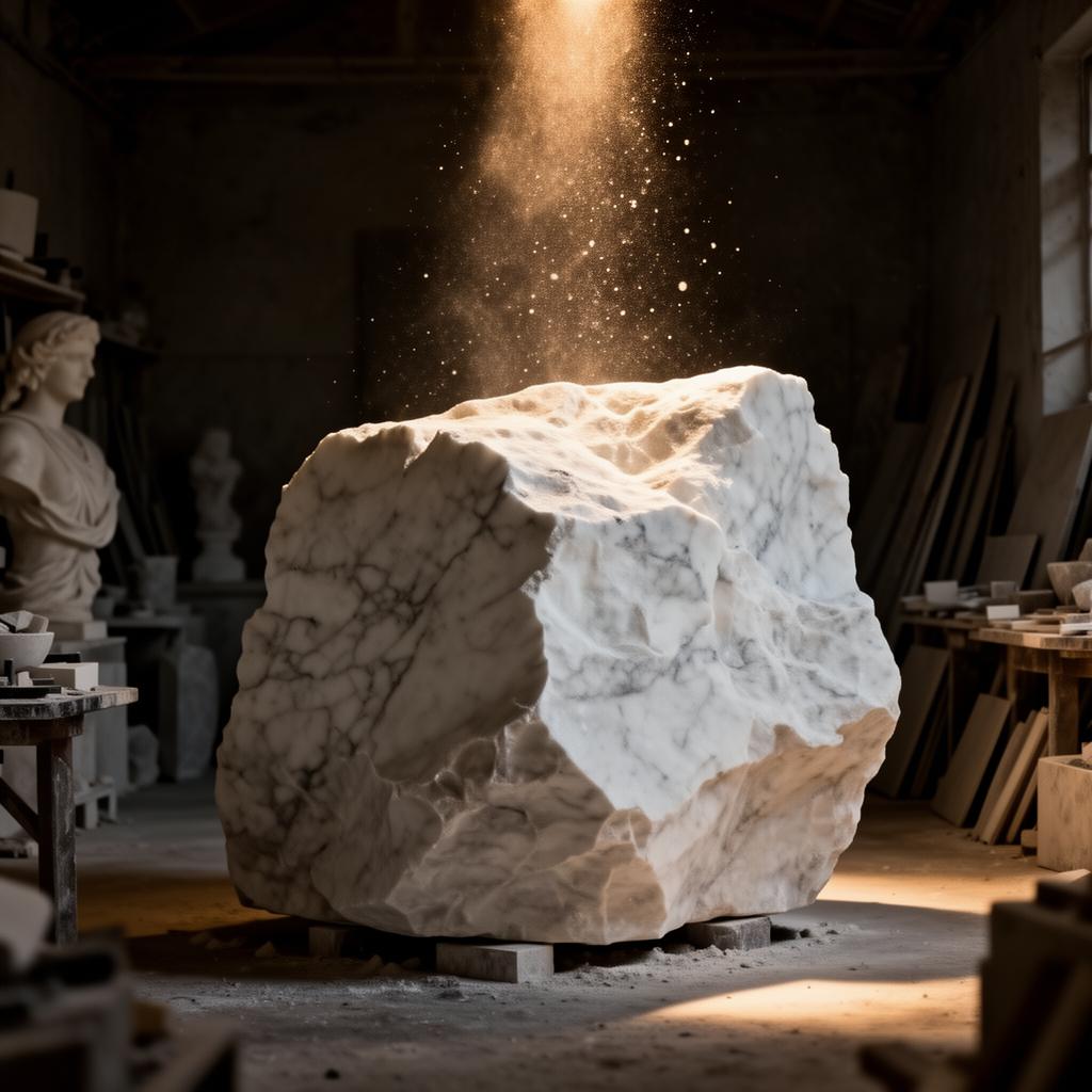 Bloco de mármore bruto em ateliê de escultura